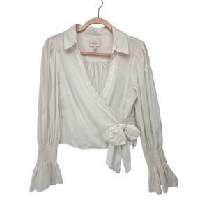 Cinq a Sept White Blouse Medium Alessandra Long Sleeve Wrap Tie Smocked Cuffs